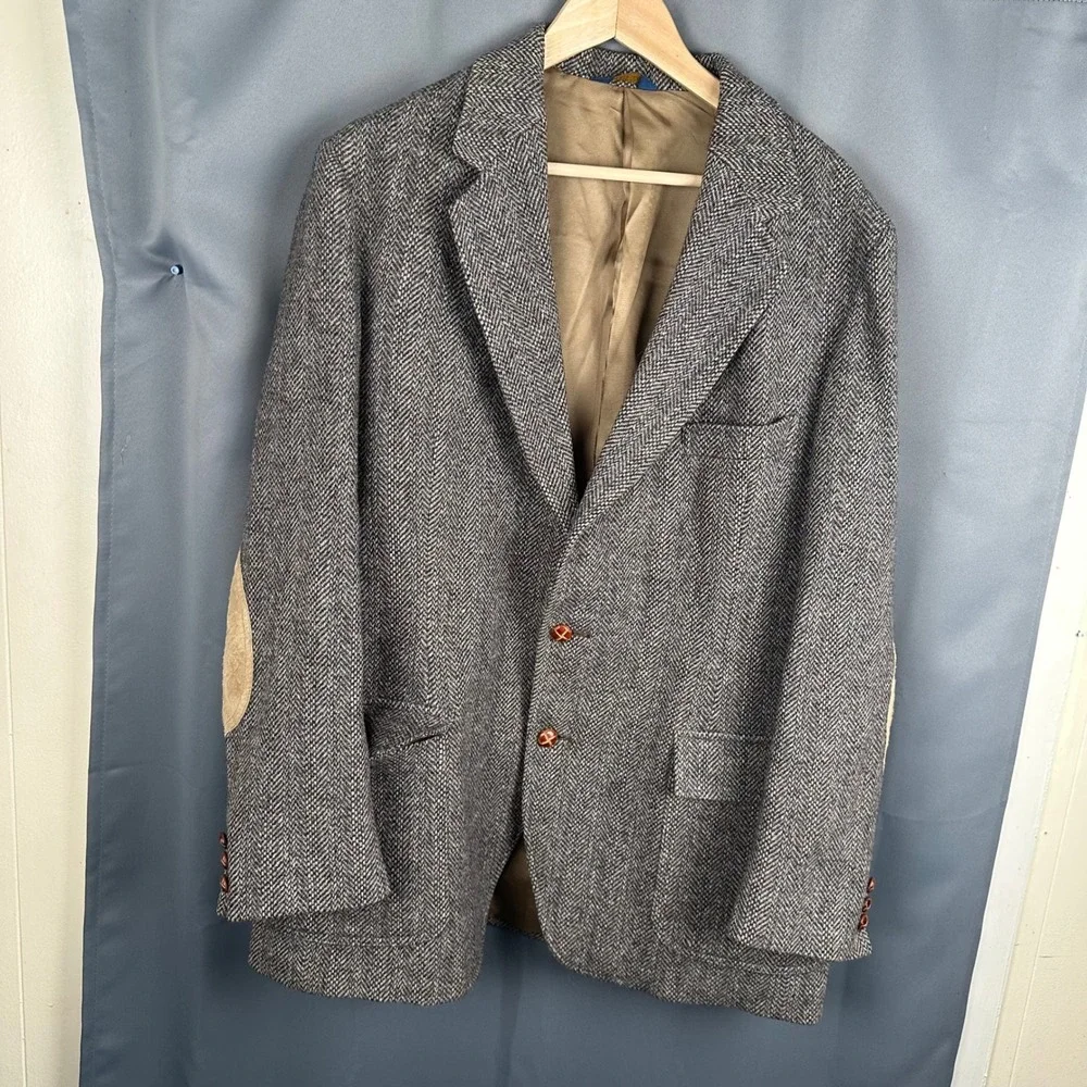 Vintage Pendleton Mens Grey Herringbone Wool Blazer Suede Elbow Patches 48 Long
